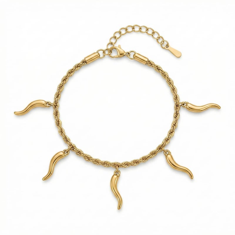 A stylish gold bracelet made of rust-resistant stainless steel, with a braided "rope" design from which attractive "pepper horn" pendants dangle, with an adjustable clasp to fit you. - Image 1